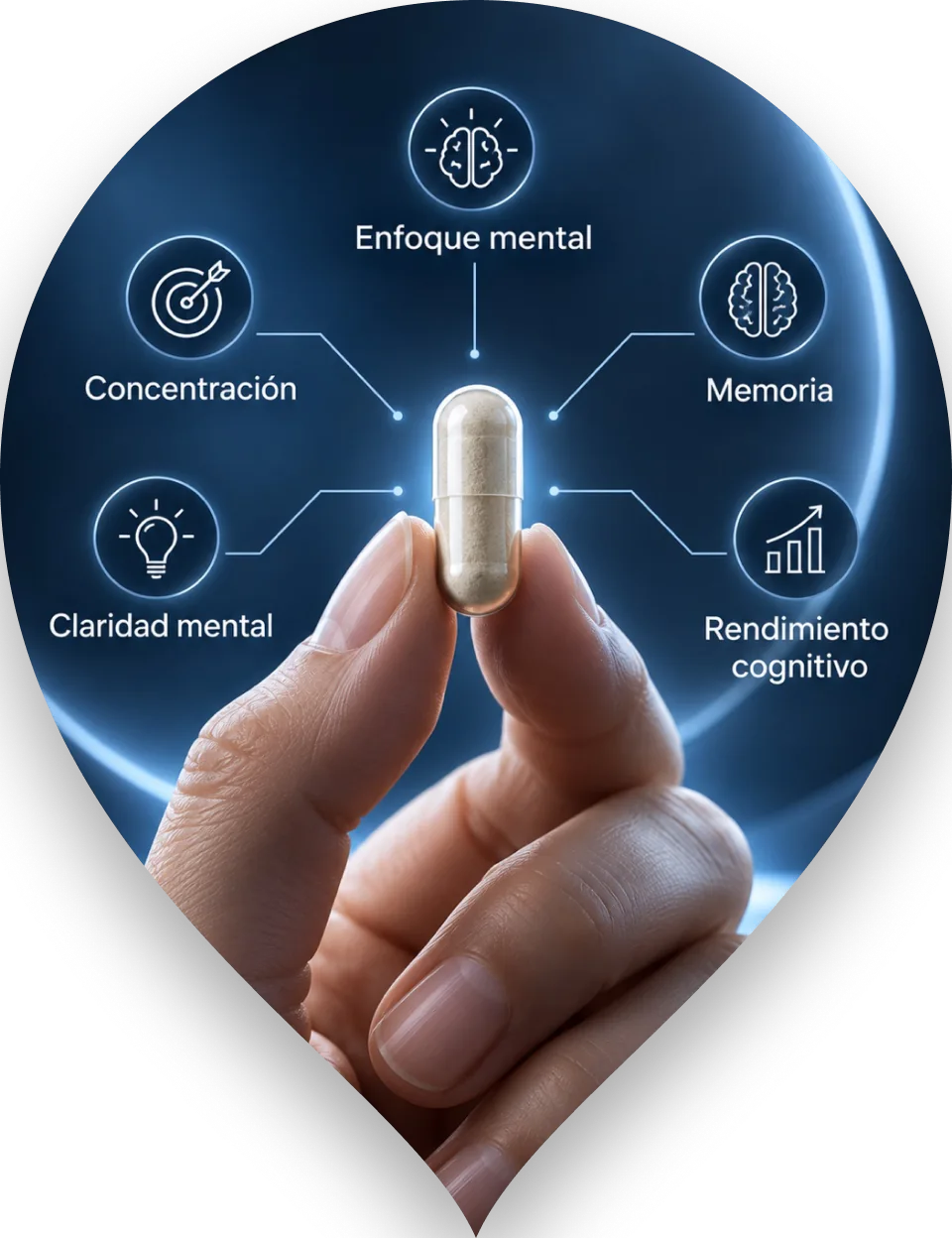 Mano sosteniendo una cápsula Cryoshare con íconos de enfoque mental